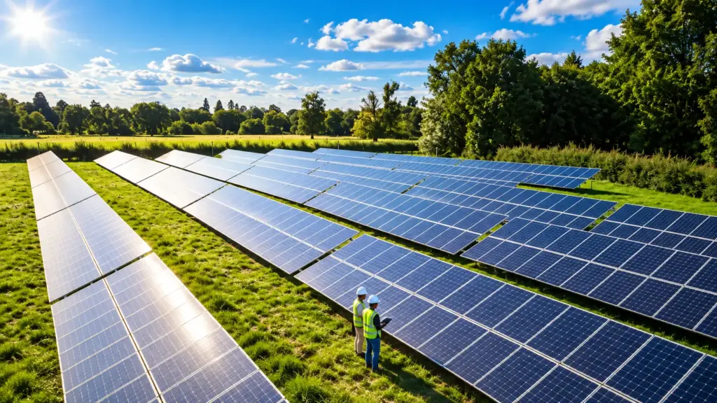 Engineers inspecting a solar farm